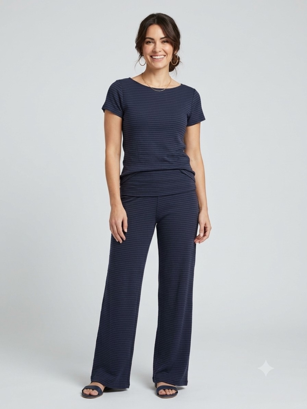Wide-Leg Pull-On Pants in Navy Stripe With Matching Tee